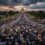 Thousands of protesters with Indian flags at a political rally in Delhi