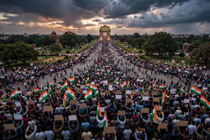 Thousands of protesters with Indian flags at a political rally in Delhi