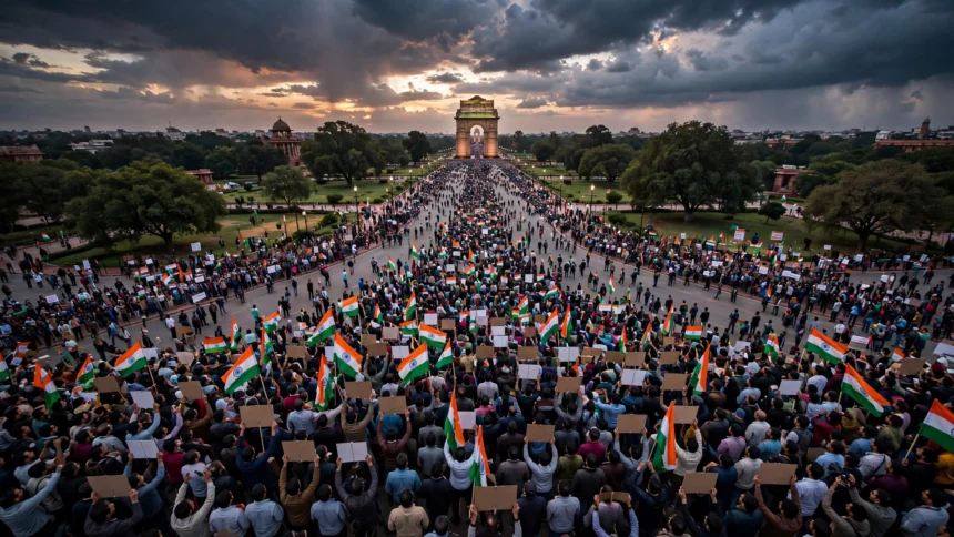 Thousands of protesters with Indian flags at a political rally in Delhi