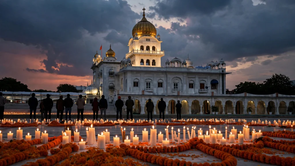 Candlelight memorial vigil outside a Sikh gurudwara at dusk