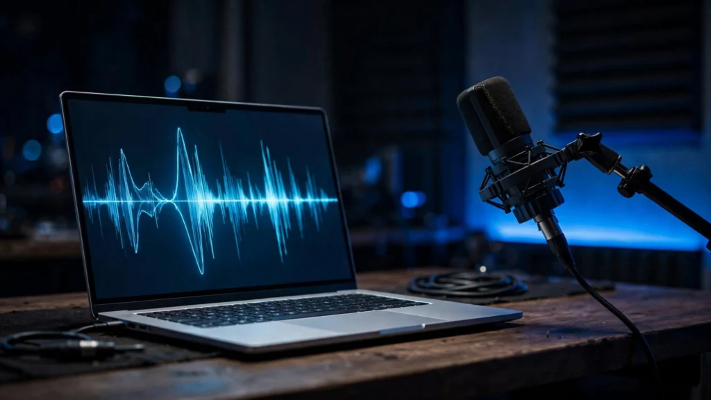 Laptop with glowing voice waveform and studio microphone representing Block's Dessa voice AI.