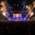 A massive night-time crowd at a Bollywood music festival stage in Mumbai, with fireworks and confetti lighting up the sky