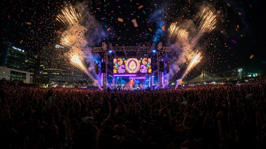 A massive night-time crowd at a Bollywood music festival stage in Mumbai, with fireworks and confetti lighting up the sky