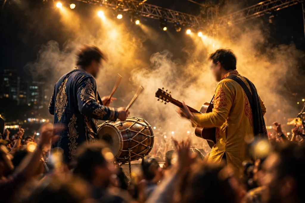 Indian musicians playing dhol and guitar on a lit concert stage, crowd cheering in the foreground