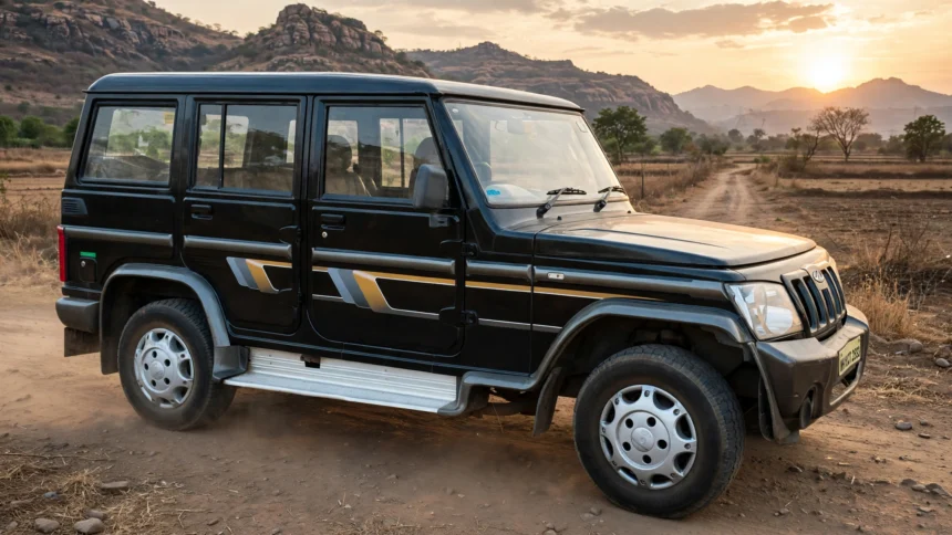 Mahindra Bolero Bold Edition. Background composite; base reference photo: SnapMeUp, CC BY-SA 4.0, via Wikimedia Commons.