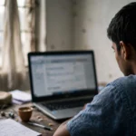 Candidate checking an examination result on a laptop.