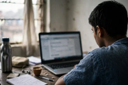 Candidate checking an examination result on a laptop.