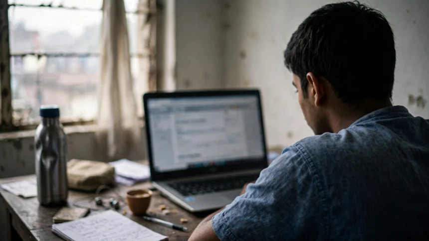 Candidate checking an examination result on a laptop.