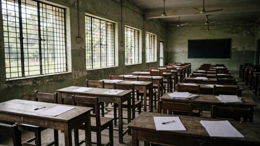 Empty examination hall with desks set for an examination.