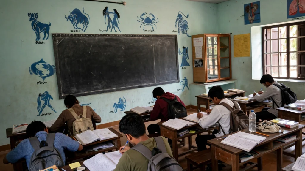 Students studying in a government school classroom in India