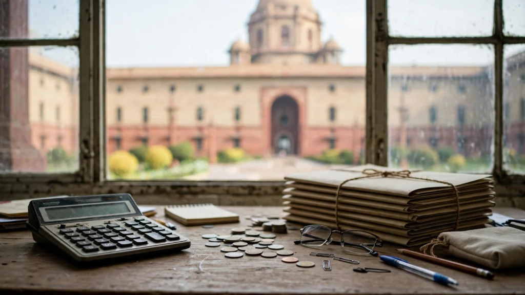 Government office desk with calculator and files, Central Secretariat in New Delhi in the background.