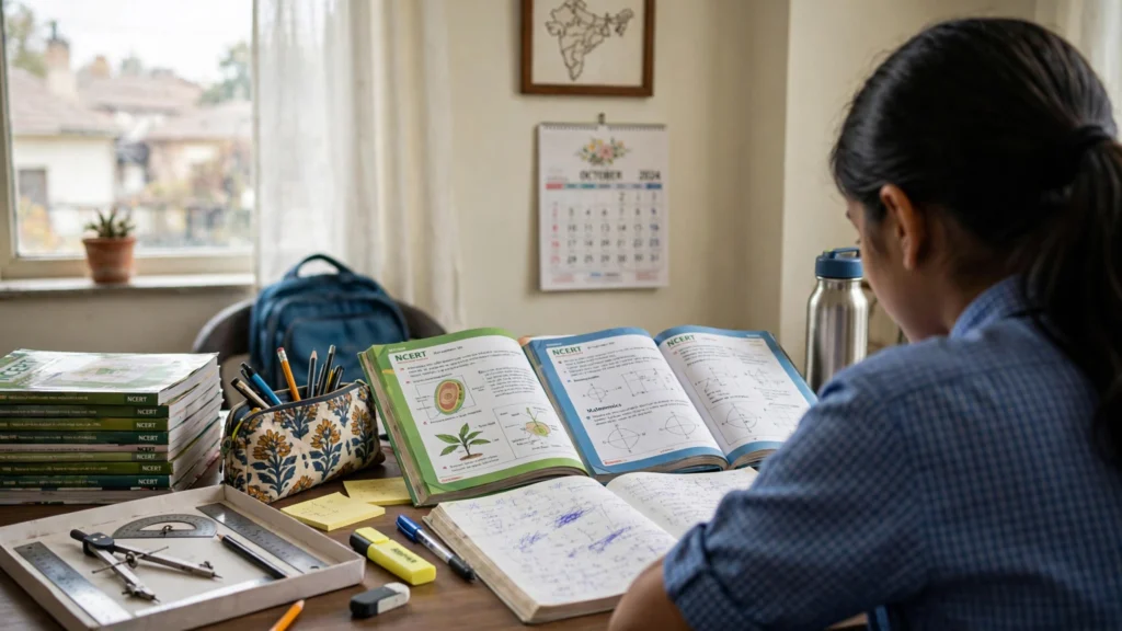 Student studying with NCERT books ahead of CBSE board exams 2027 (AI-generated illustration)