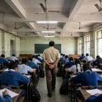 Students writing board exams in an Indian school examination hall