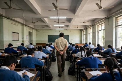 Students writing board exams in an Indian school examination hall