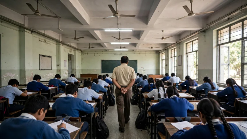 Students writing board exams in an Indian school examination hall