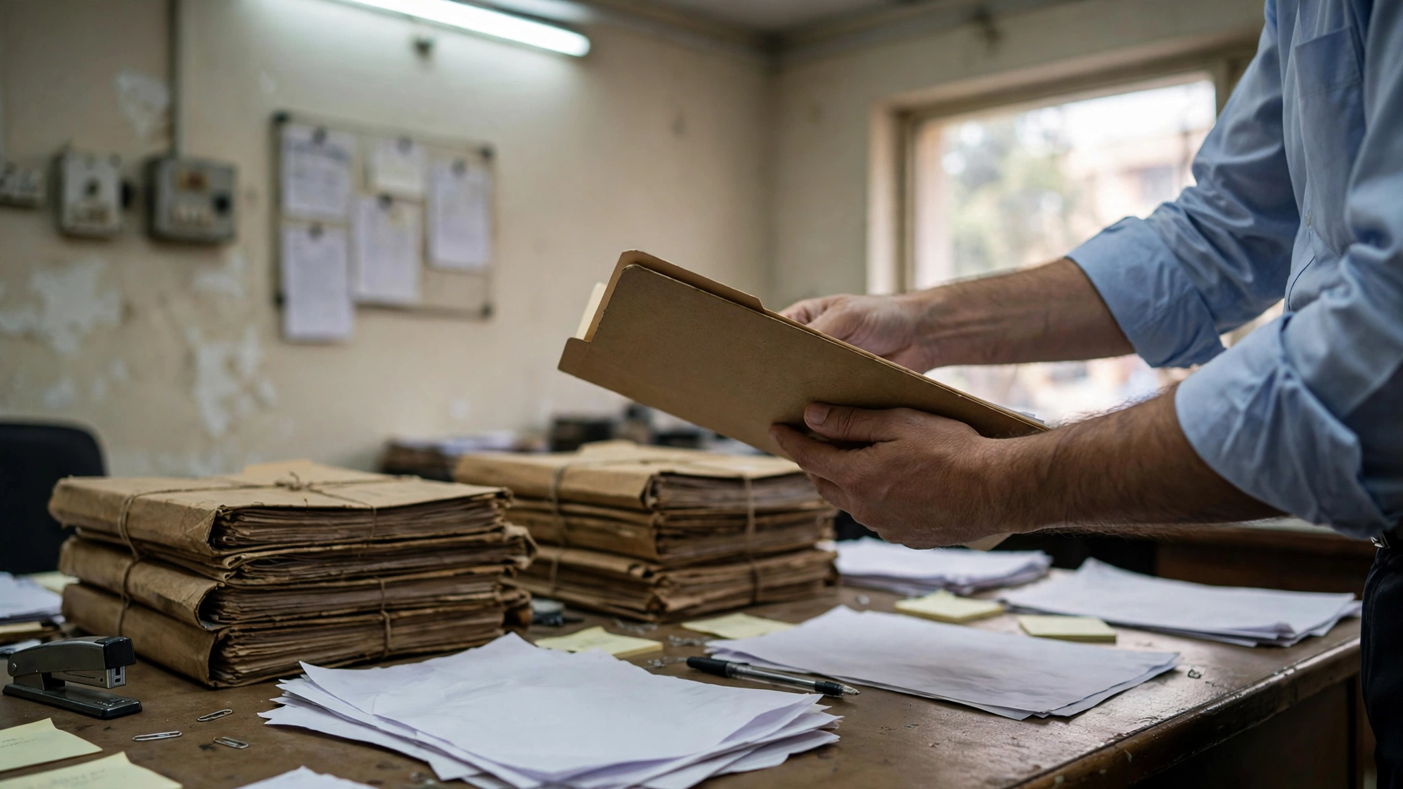 Official file folders and papers on a desk in a government office