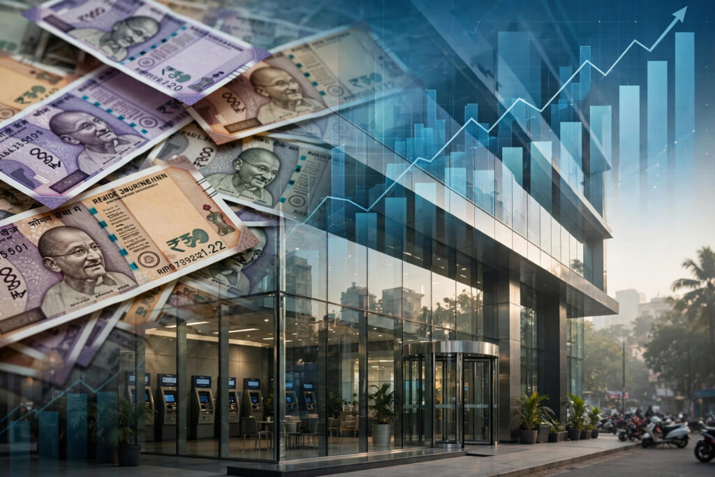Indian bank branch with rupee notes and growth charts.