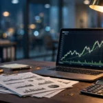 A finance professional's desk with a laptop showing stock charts, financial reports and a calculator.