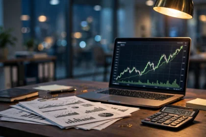A finance professional's desk with a laptop showing stock charts, financial reports and a calculator.