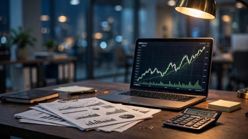 A finance professional's desk with a laptop showing stock charts, financial reports and a calculator.