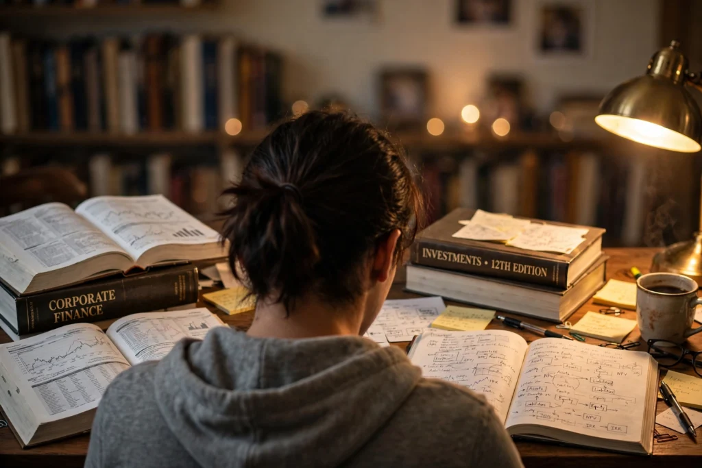 A finance student seen from behind studying corporate finance and investment textbooks.
