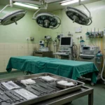 Empty operating theatre with surgical lights and instrument tray.