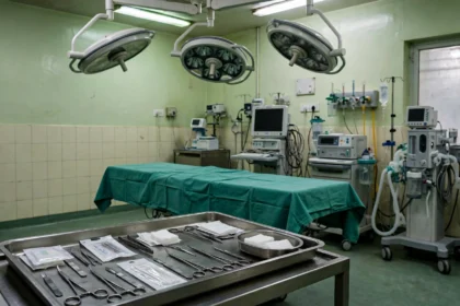 Empty operating theatre with surgical lights and instrument tray.