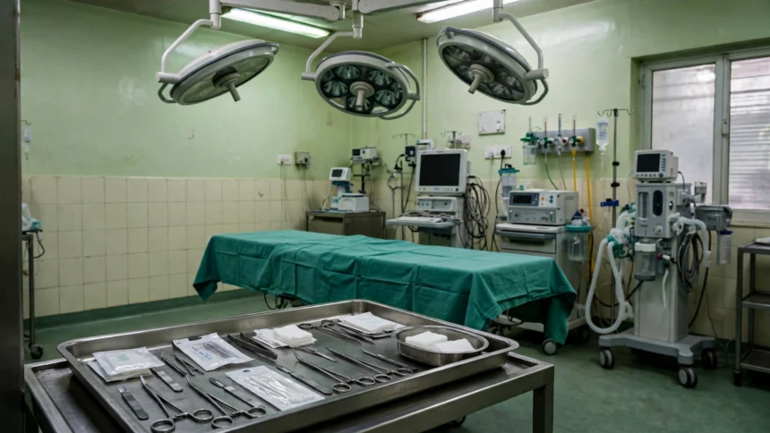 Empty operating theatre with surgical lights and instrument tray.