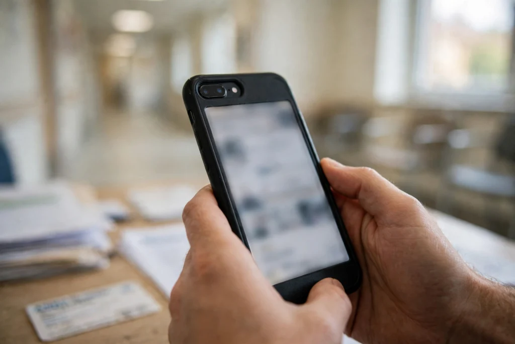 Hands holding a smartphone while checking a result online, documents on a desk.