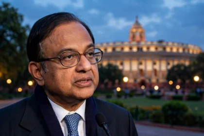 P Chidambaram (Photo: World Economic Forum / Wikimedia Commons, CC BY-SA 2.0; background composite)