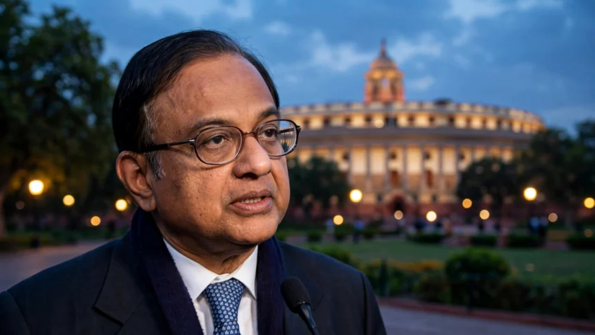 P Chidambaram (Photo: World Economic Forum / Wikimedia Commons, CC BY-SA 2.0; background composite)