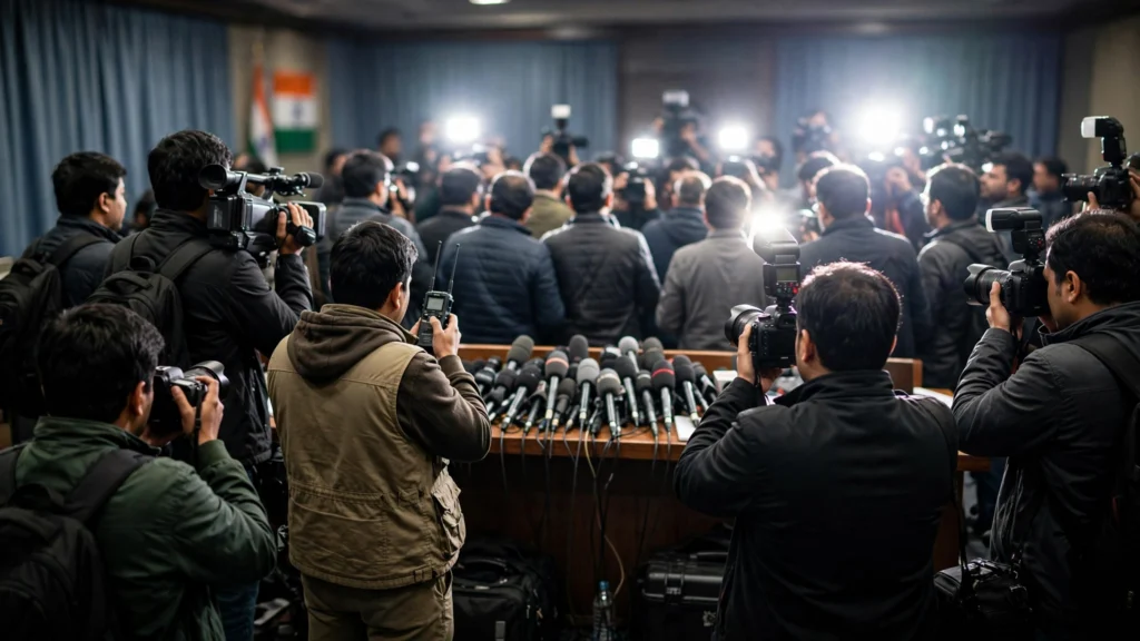 Media at a Delhi press conference during political protests