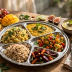A healthy Indian thali with millets, dal, vegetables and fruit