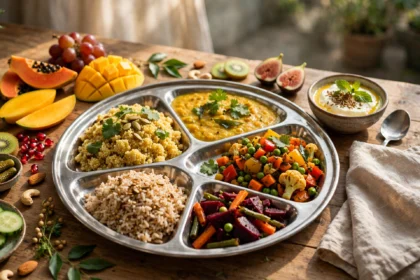 A healthy Indian thali with millets, dal, vegetables and fruit