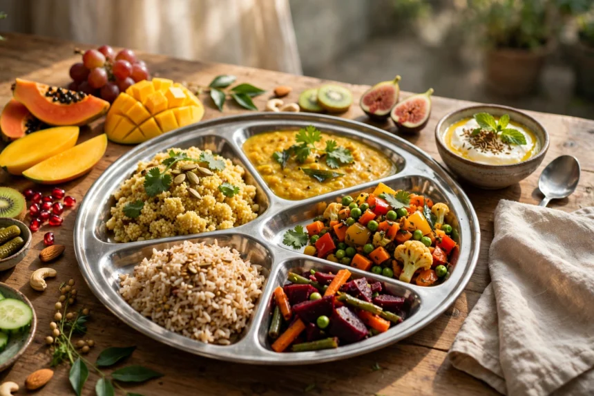 A healthy Indian thali with millets, dal, vegetables and fruit