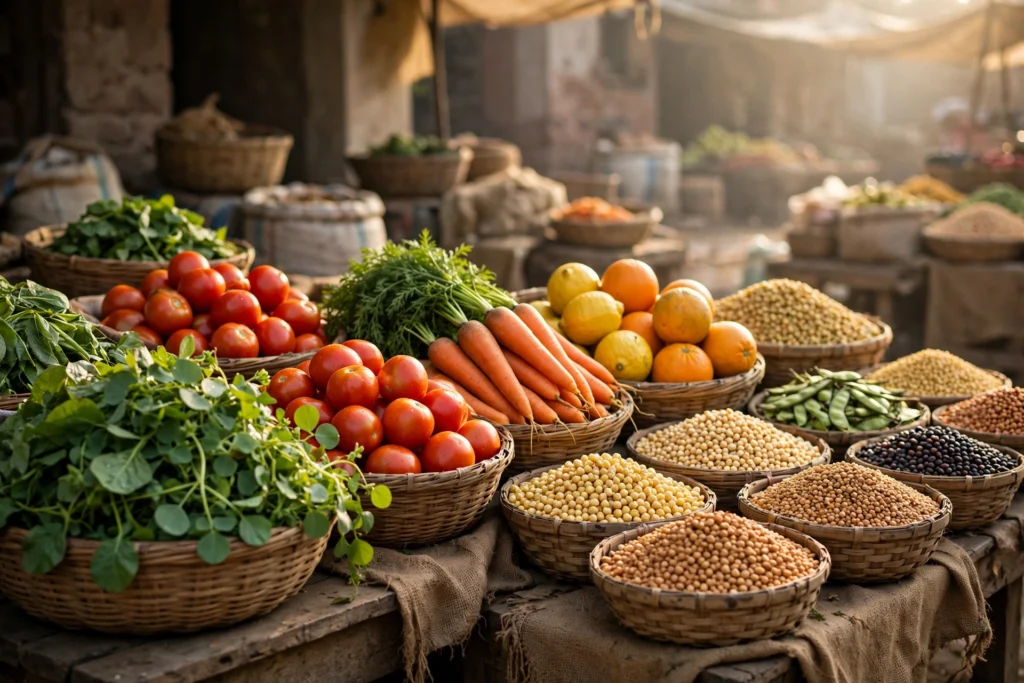 Fresh vegetables, fruits and pulses at an Indian market