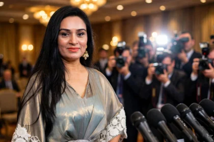Padmini Kolhapure at a press conference. Photo: Bollywood Hungama / Wikimedia Commons (CC BY 3.0), background composite.