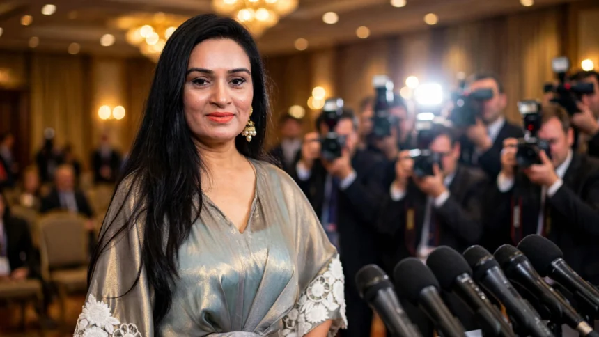 Padmini Kolhapure at a press conference. Photo: Bollywood Hungama / Wikimedia Commons (CC BY 3.0), background composite.