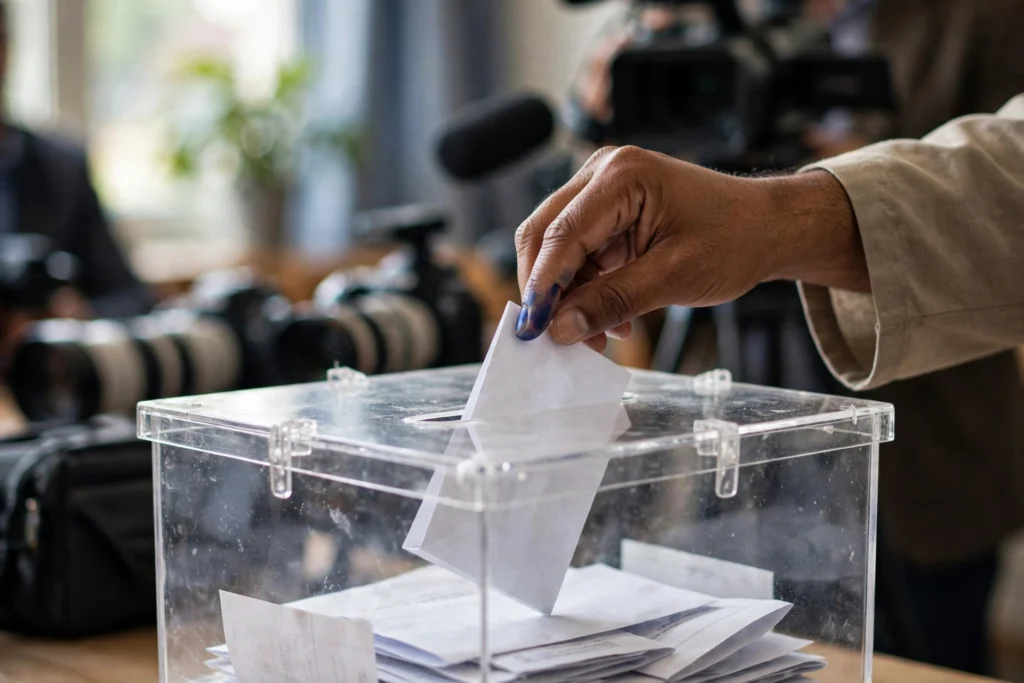 An inked finger places a ballot slip into a transparent ballot box at the CINTAA Executive Committee elections in Mumbai. Representative image.