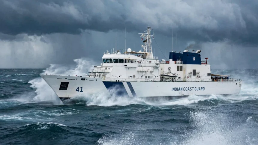 An Indian Coast Guard ship at sea. Photo: BellaNYork / Wikimedia Commons (CC0), background composite.