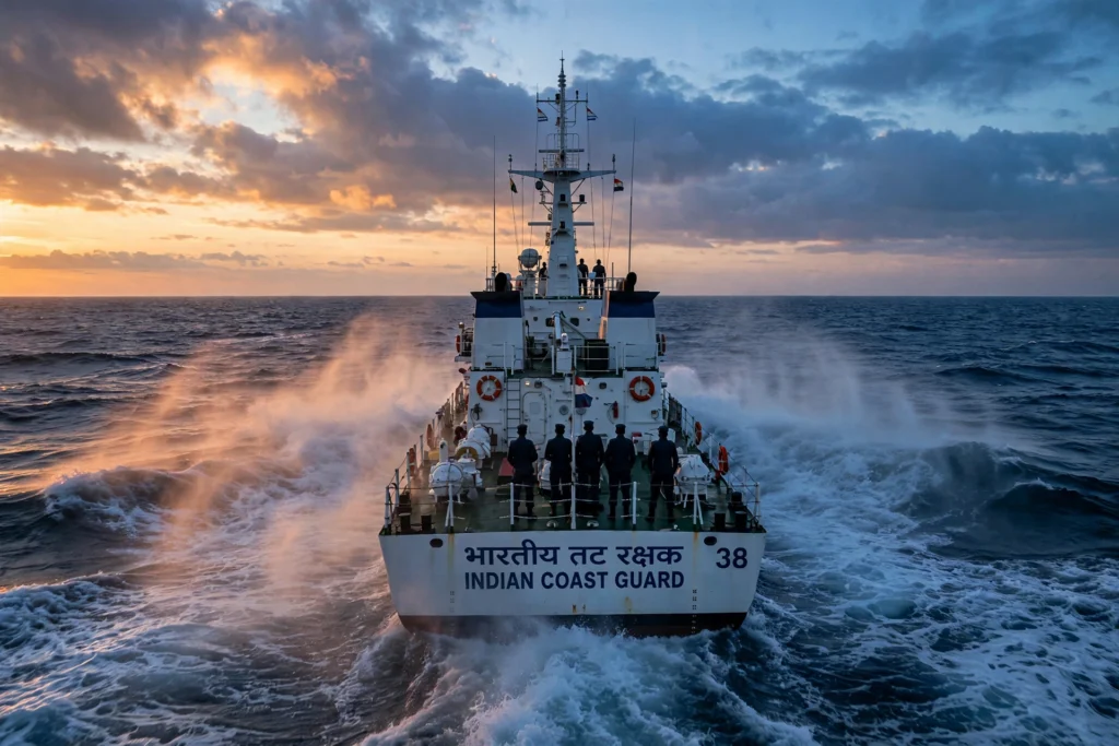 Indian Coast Guard patrol ship at sea at dawn, crew seen as silhouettes.