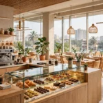 A bright contemporary cafe interior with an espresso bar and a glass display of artisanal desserts, Cocoa and Katli, Malad Mumbai