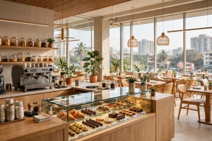 A bright contemporary cafe interior with an espresso bar and a glass display of artisanal desserts, Cocoa and Katli, Malad Mumbai