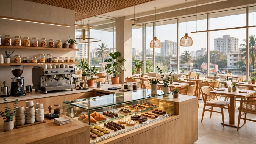 A bright contemporary cafe interior with an espresso bar and a glass display of artisanal desserts, Cocoa and Katli, Malad Mumbai