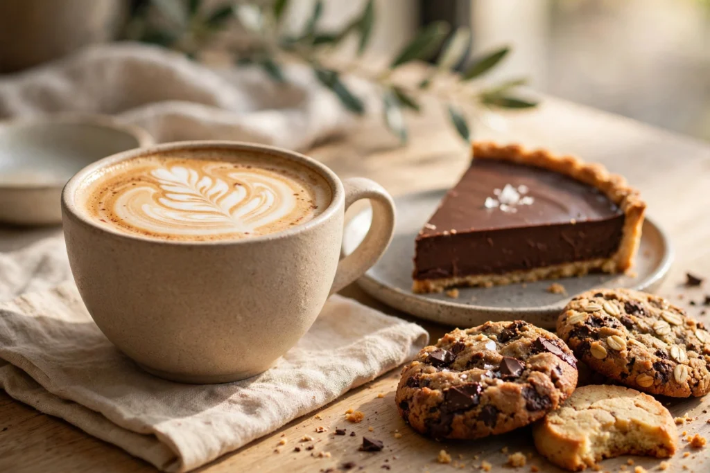 Specialty coffee with latte art, chocolate tart and cookies at a bright cafe table