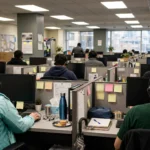 IT service desk staff wearing headsets working at desks in a busy office.