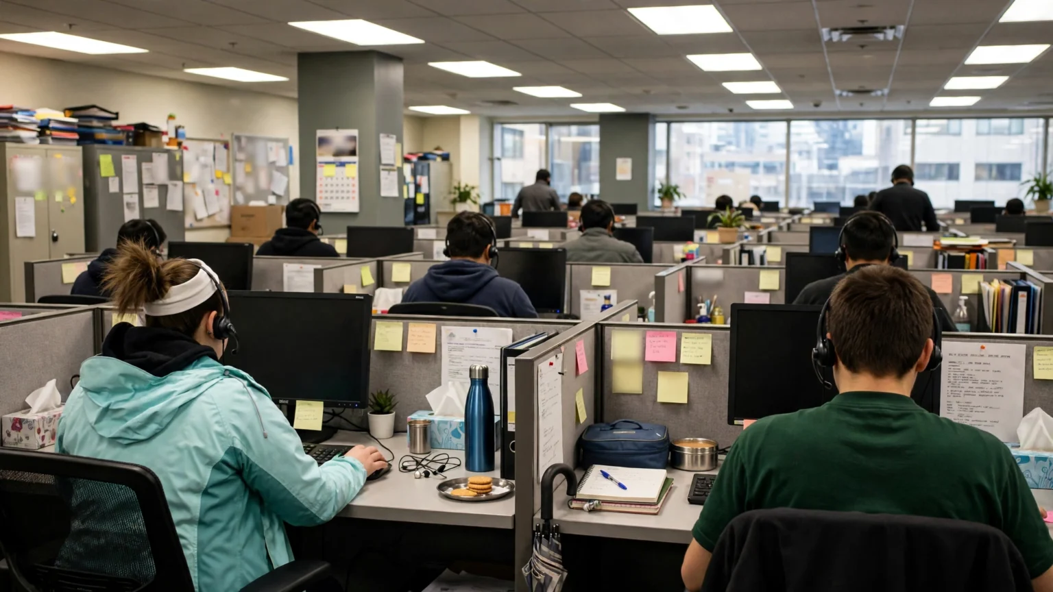 IT service desk staff wearing headsets working at desks in a busy office.