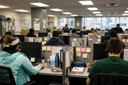 IT service desk staff wearing headsets working at desks in a busy office.