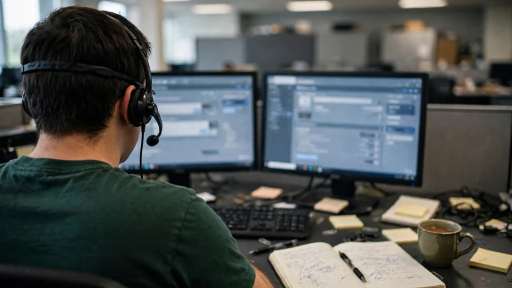 Support analyst wearing a headset working at dual monitors on a service desk.