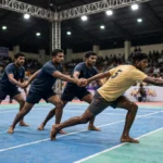 Kabaddi players in action during a match at an indoor arena